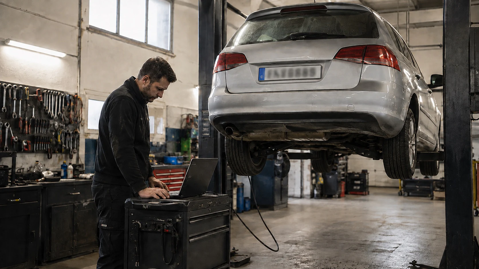 Mechanik s laptopom pri aute na zdviháku